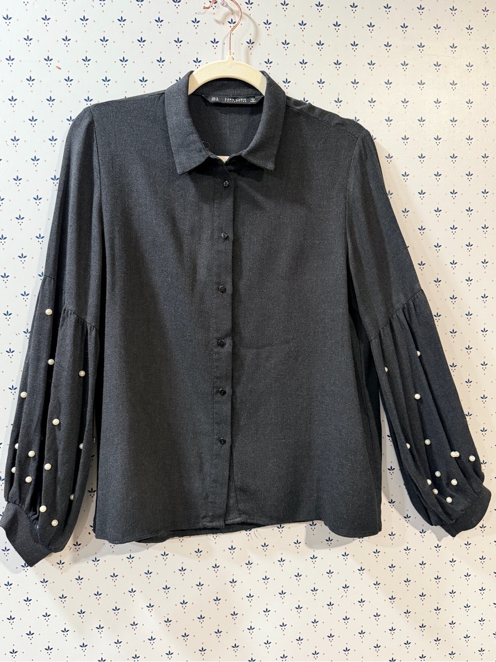 Zara Basic Charcoal Grey Pearl Beaded Balloon Sleeve Blouse - Size S